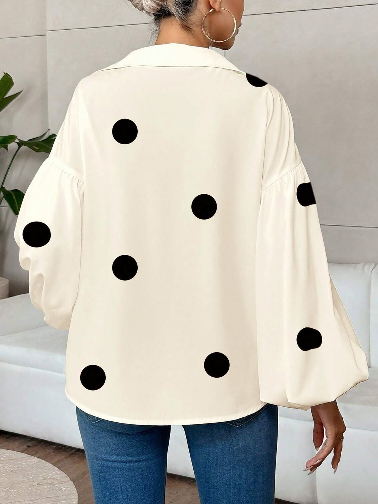 Collar V Neck Polka Dot Puff Long Sleeves Casual Blouse