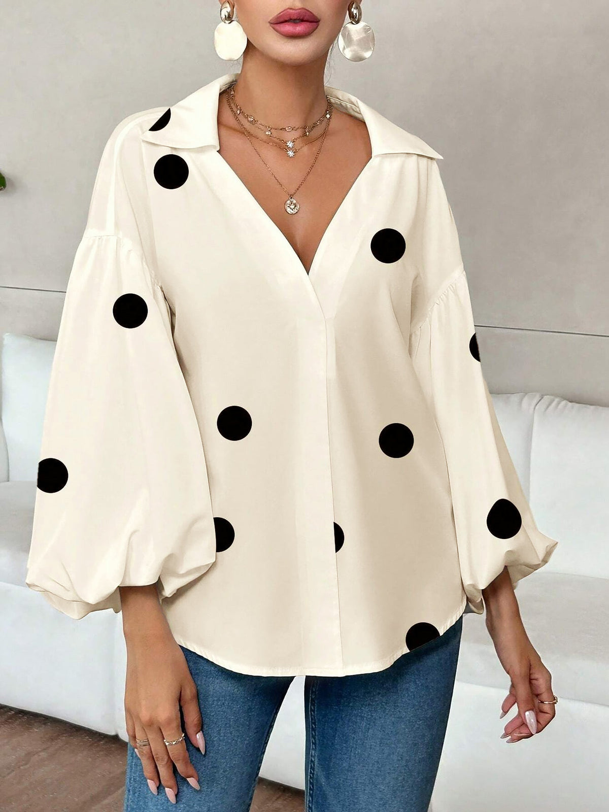 Collar V Neck Polka Dot Puff Long Sleeves Casual Blouse