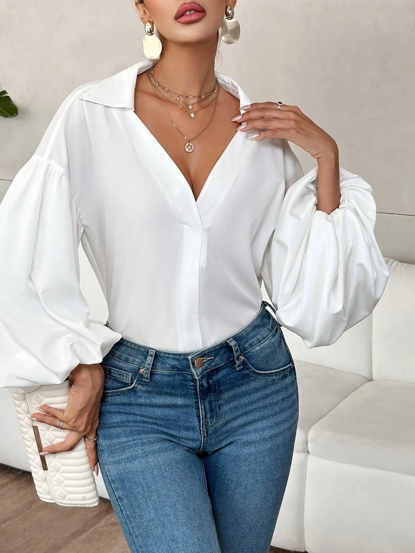 Collar V Neck Puff Long Sleeves Solid Color Blouse