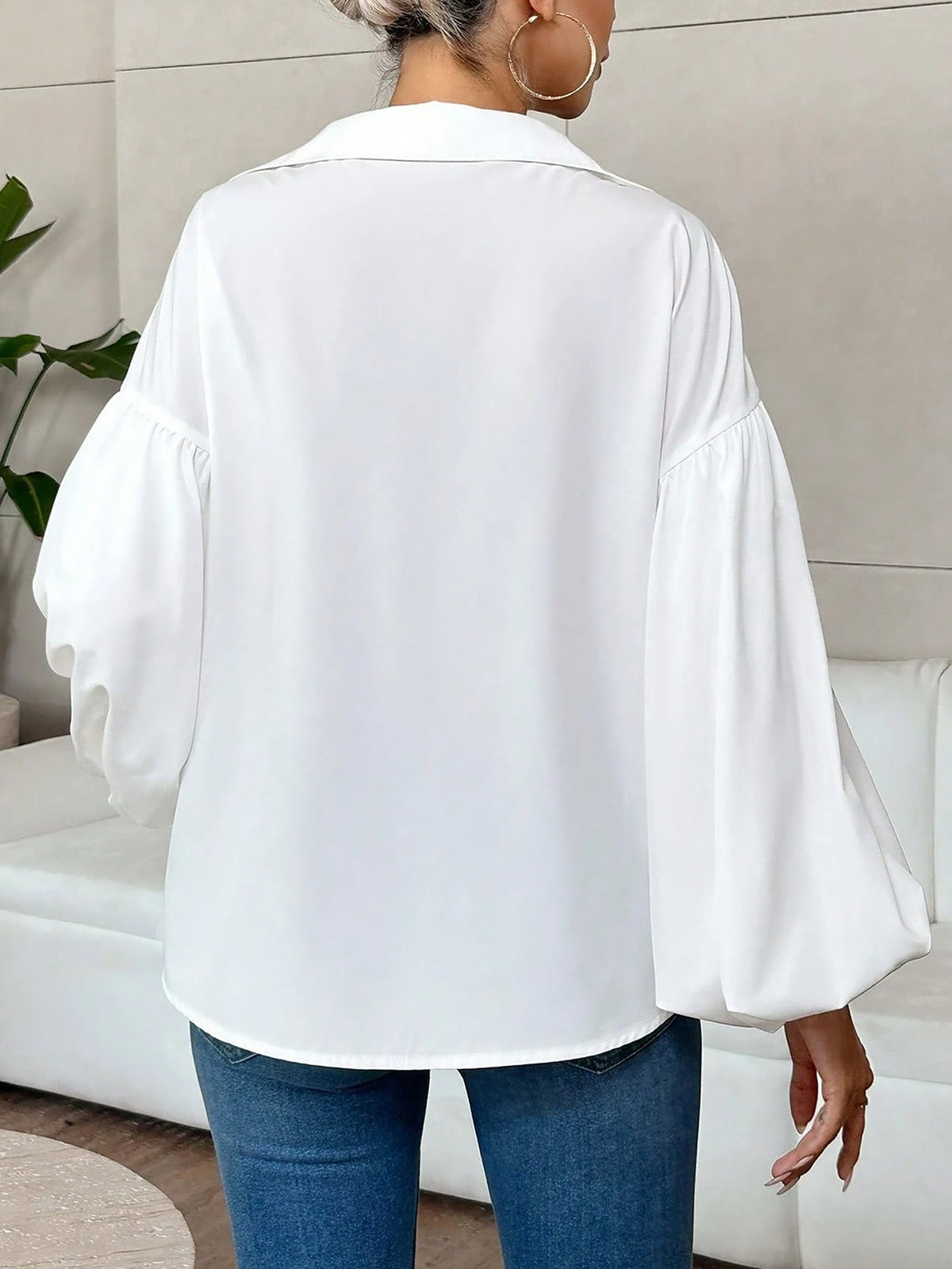 Collar V Neck Puff Long Sleeves Solid Color Blouse