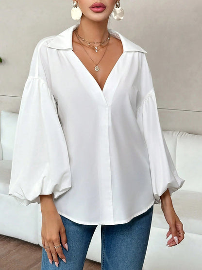 Collar V Neck Puff Long Sleeves Solid Color Blouse