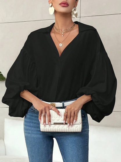 Collar V Neck Puff Long Sleeves Solid Color Blouse