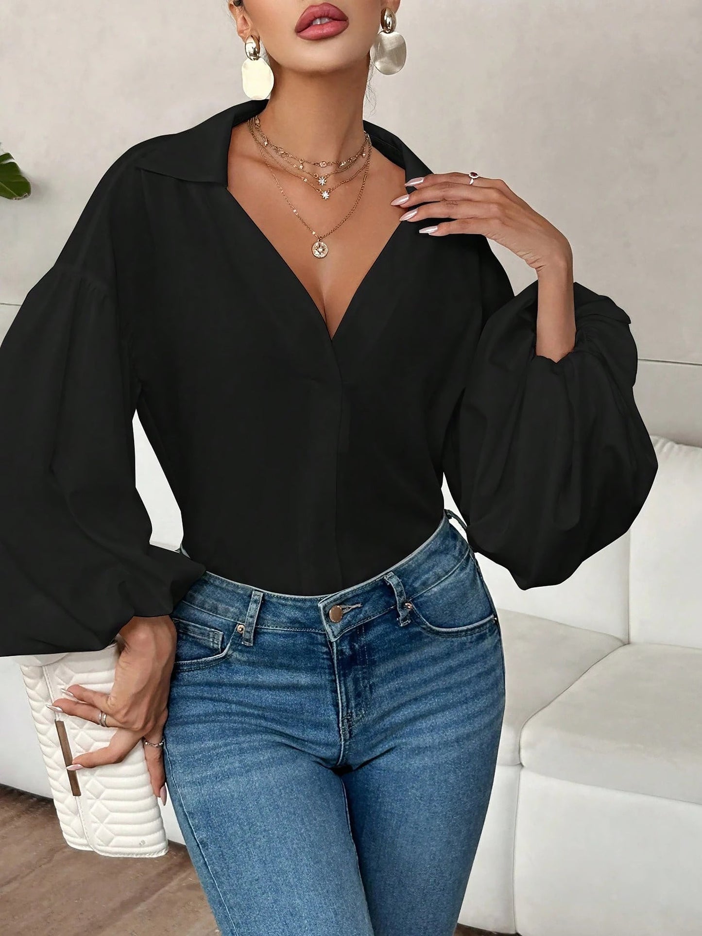 Collar V Neck Puff Long Sleeves Solid Color Blouse