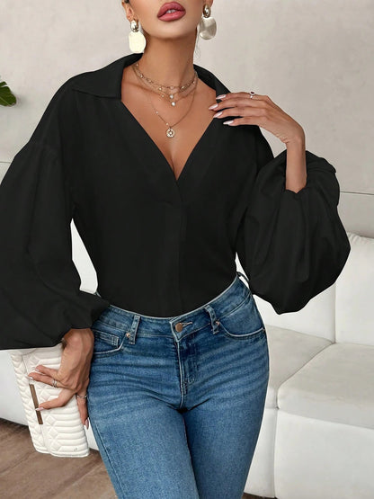 Collar V Neck Puff Long Sleeves Solid Color Blouse