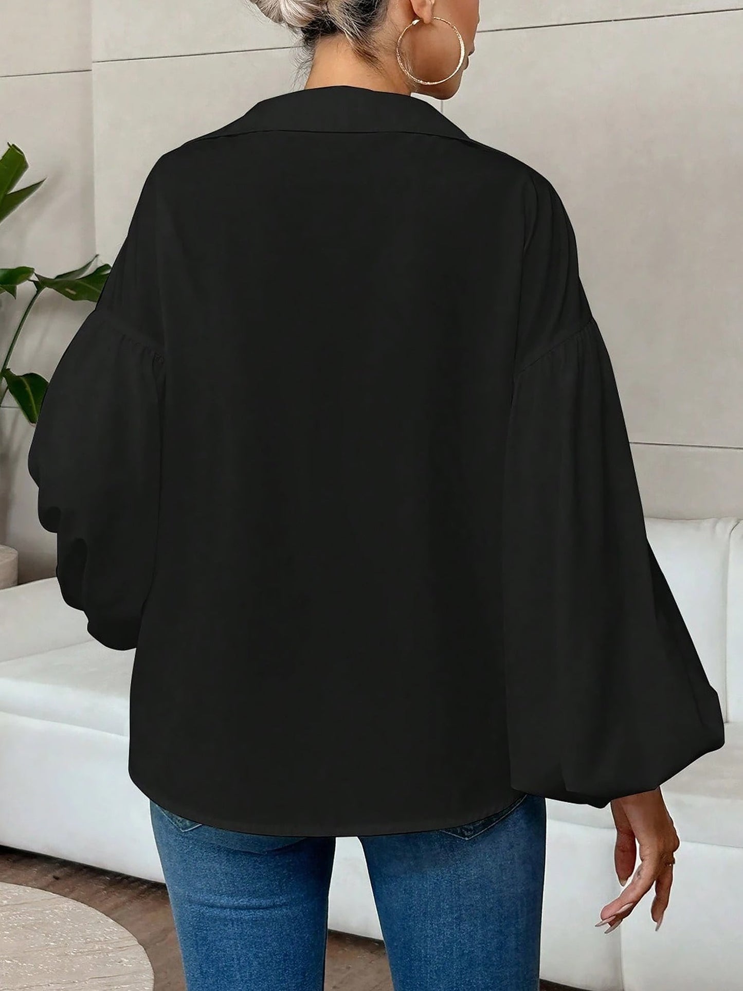 Collar V Neck Puff Long Sleeves Solid Color Blouse