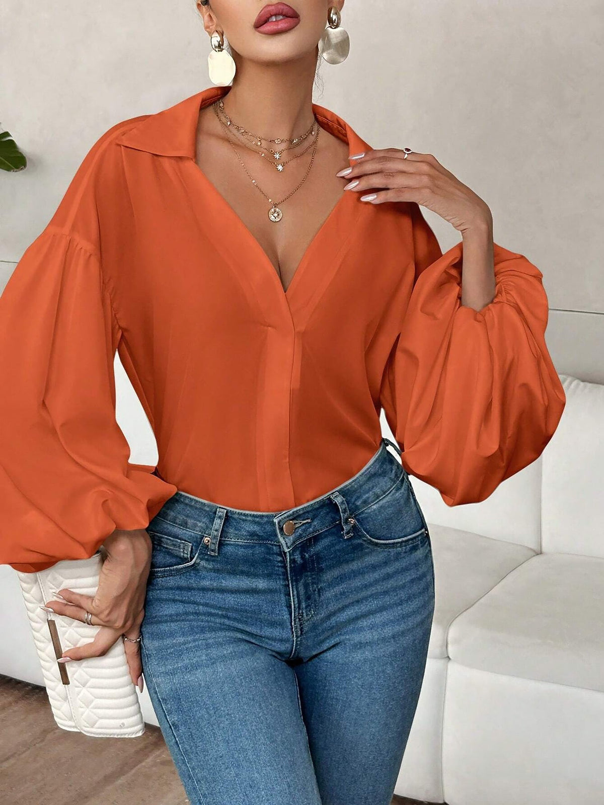 Collar V Neck Puff Long Sleeves Solid Color Blouse
