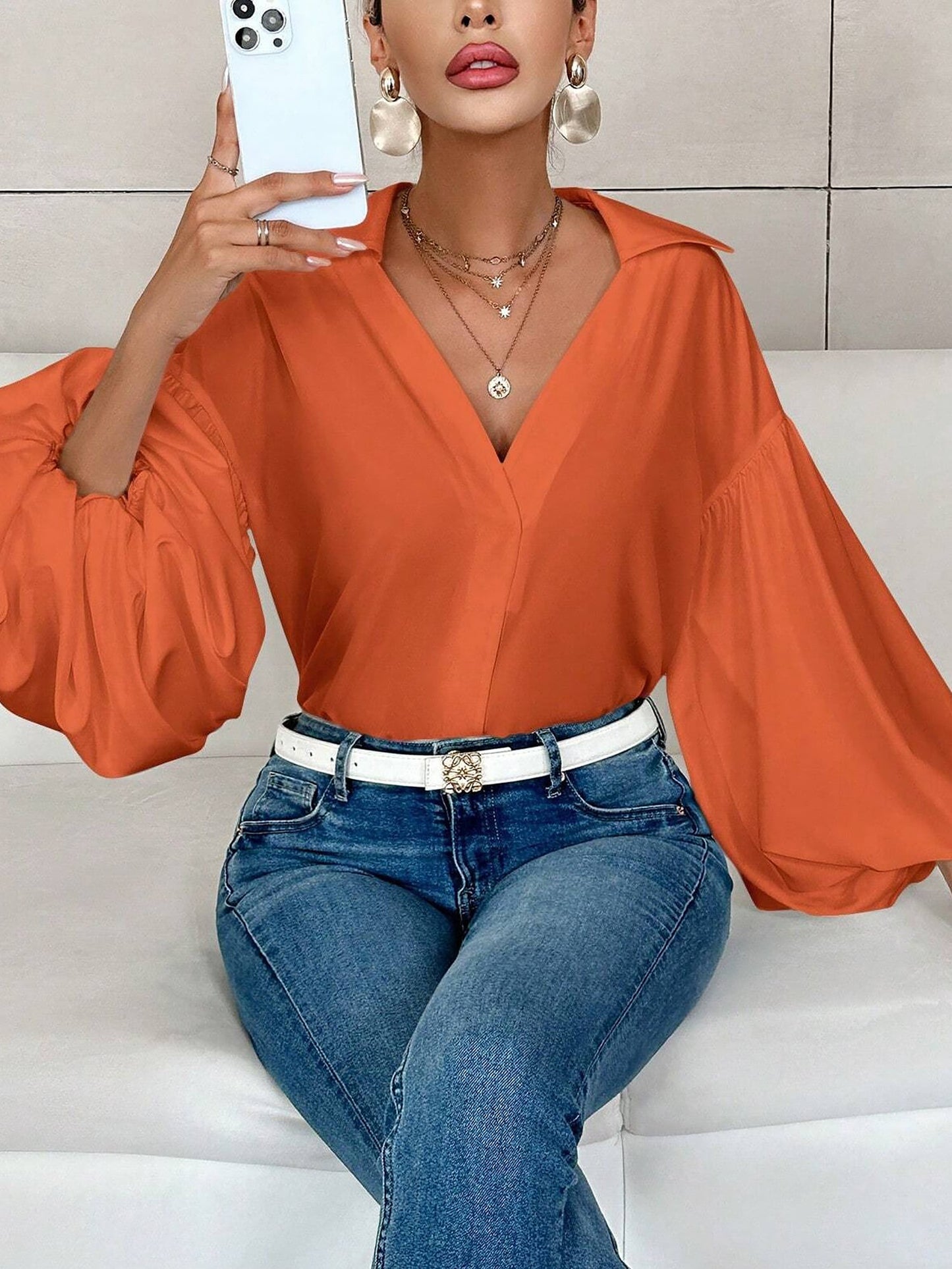 Collar V Neck Puff Long Sleeves Solid Color Blouse