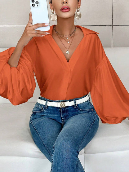 Collar V Neck Puff Long Sleeves Solid Color Blouse