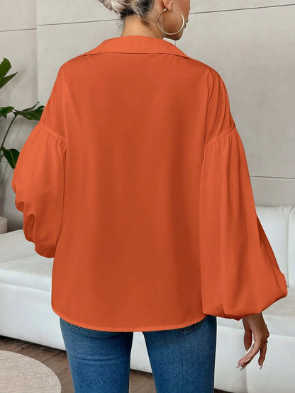 Collar V Neck Puff Long Sleeves Solid Color Blouse