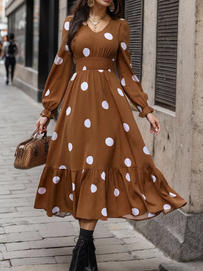 Polka Dots Print V Neck Long Sleeve A-Line Swing Dress