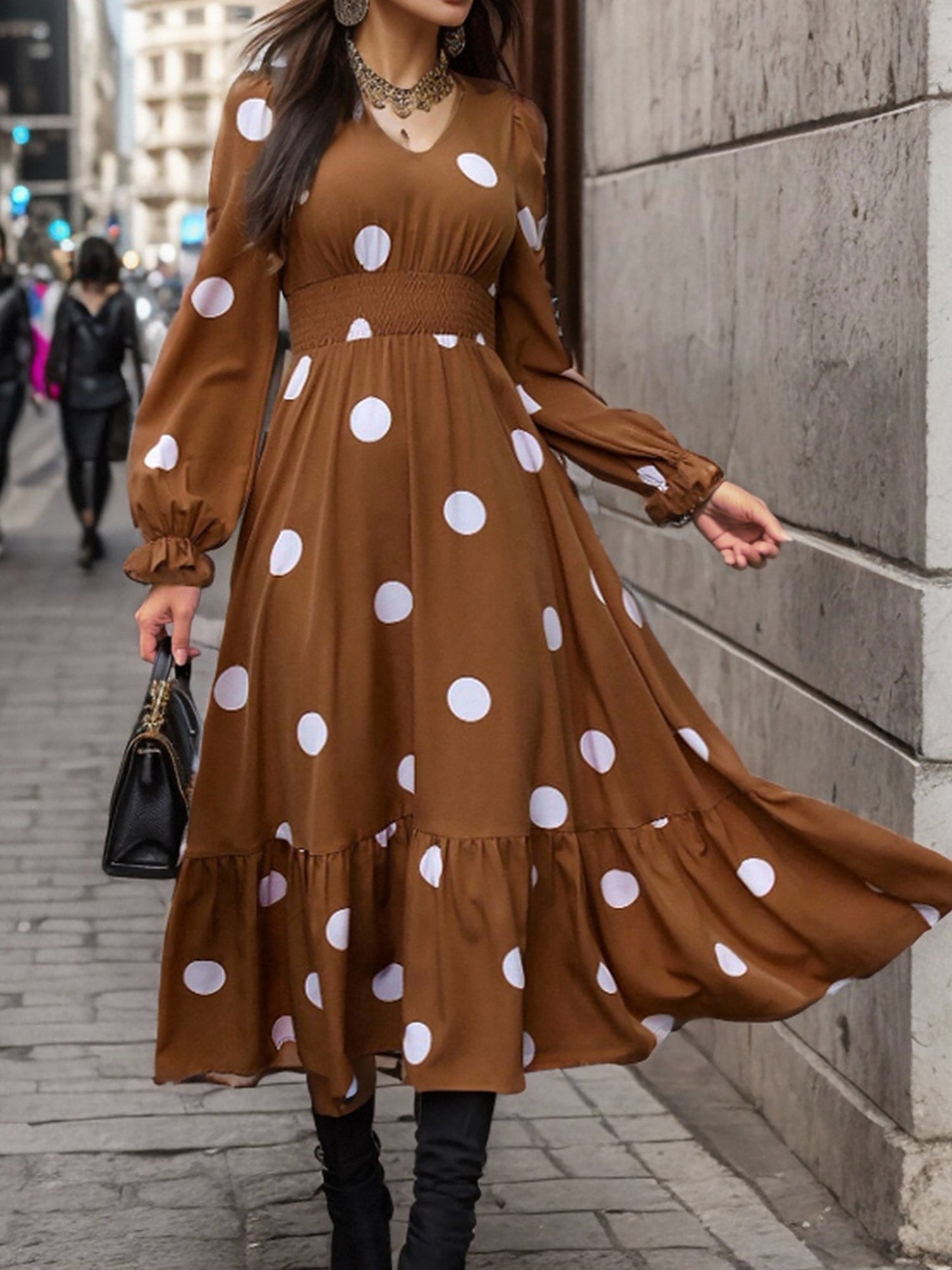 Polka Dots Print V Neck Long Sleeve A-Line Swing Dress