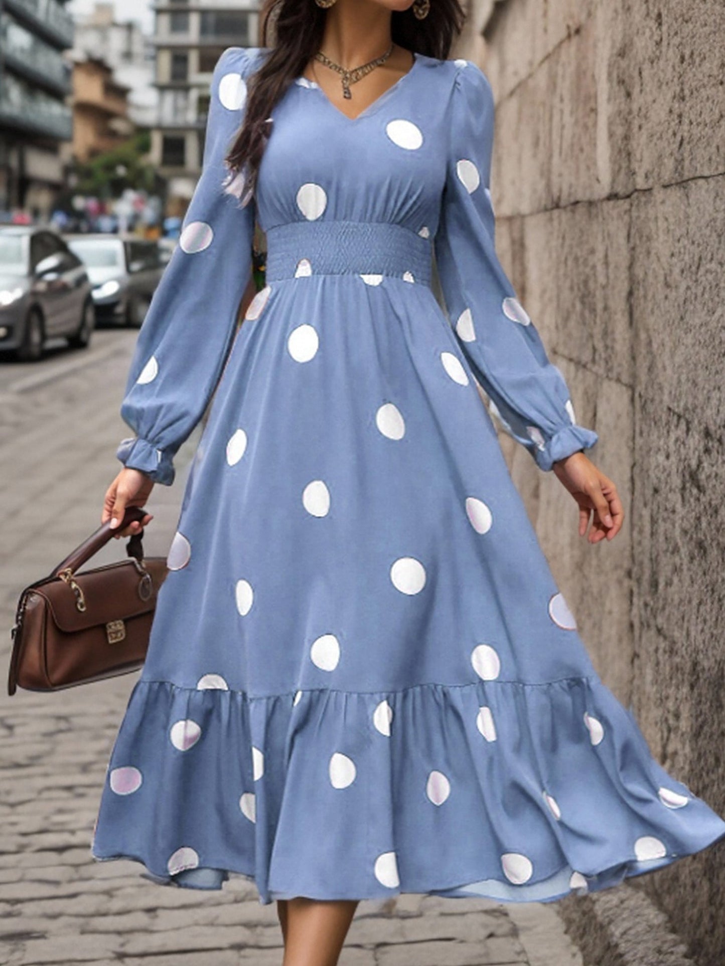 Polka Dots Print V Neck Long Sleeve A-Line Swing Dress