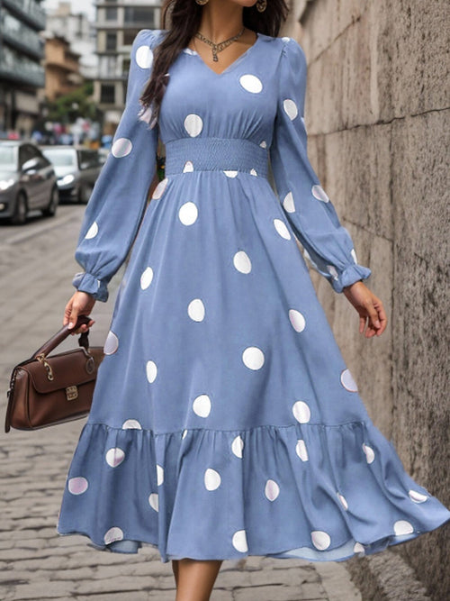 Polka Dots Print V Neck Long Sleeve A-Line Swing Dress
