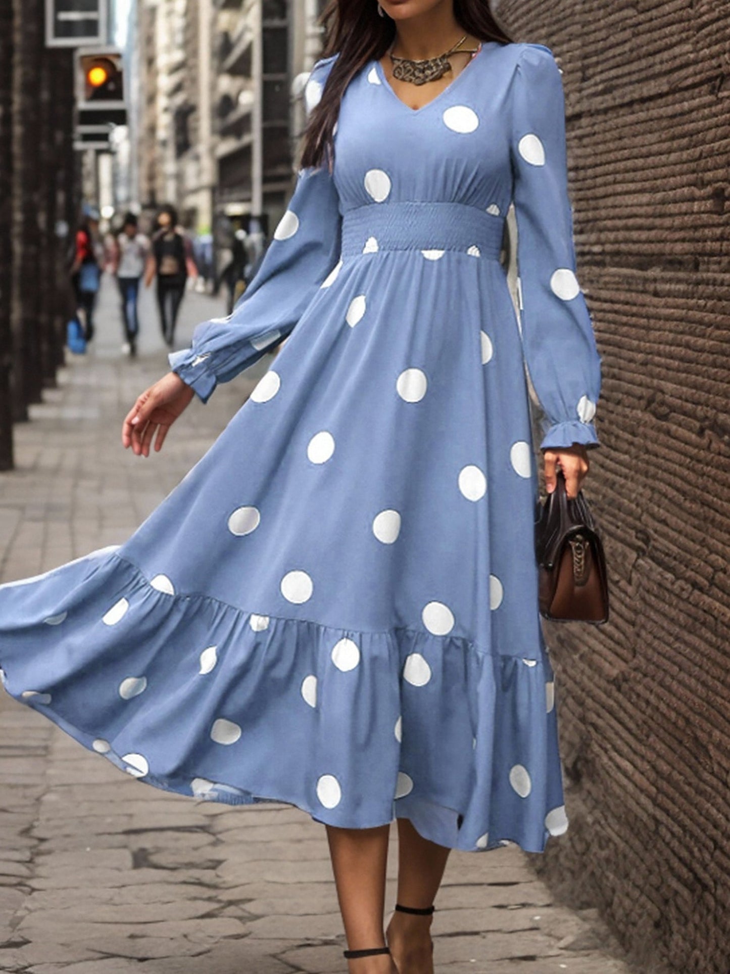 Polka Dots Print V Neck Long Sleeve A-Line Swing Dress