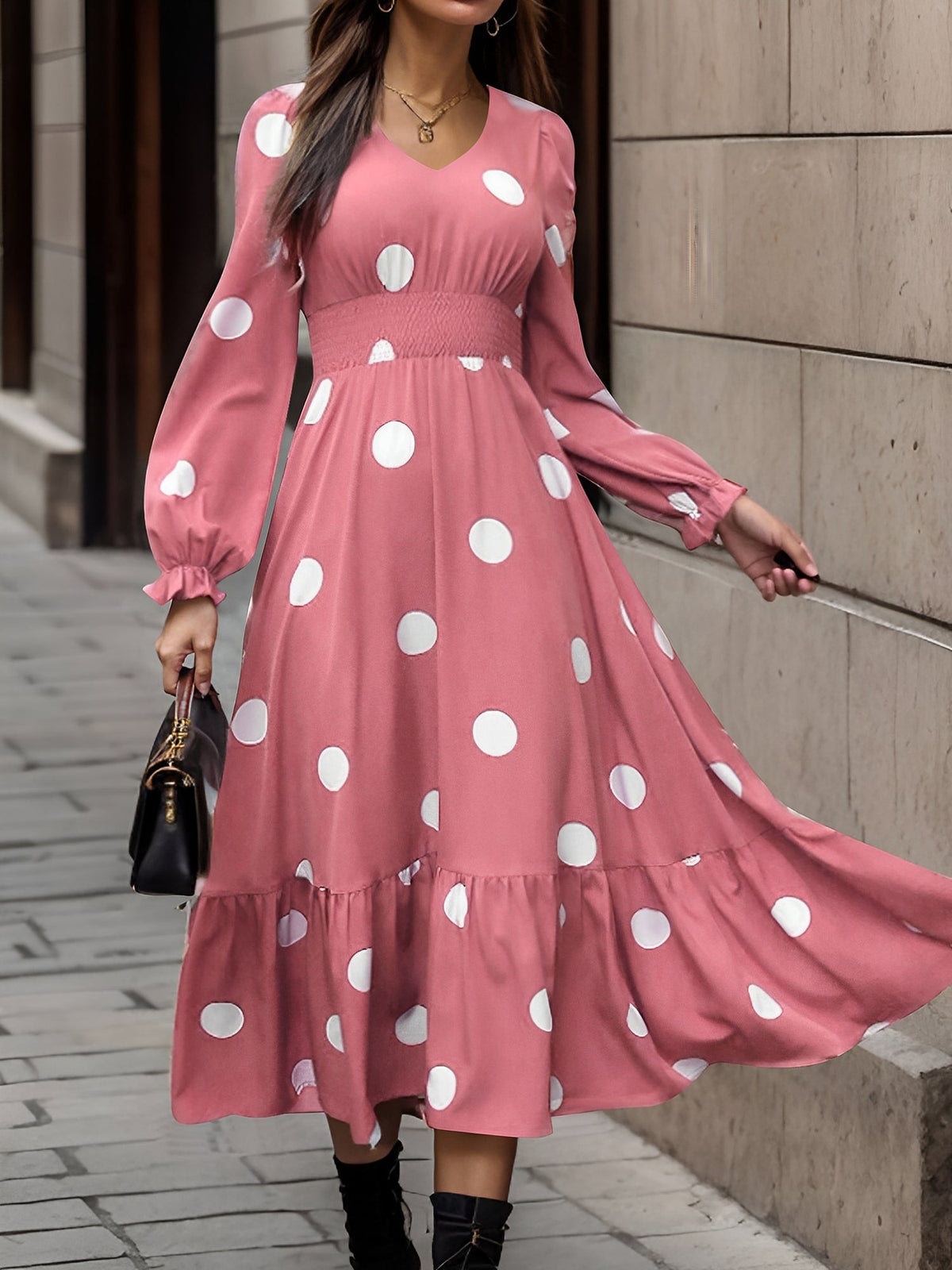 Polka Dots Print V Neck Long Sleeve A-Line Swing Dress