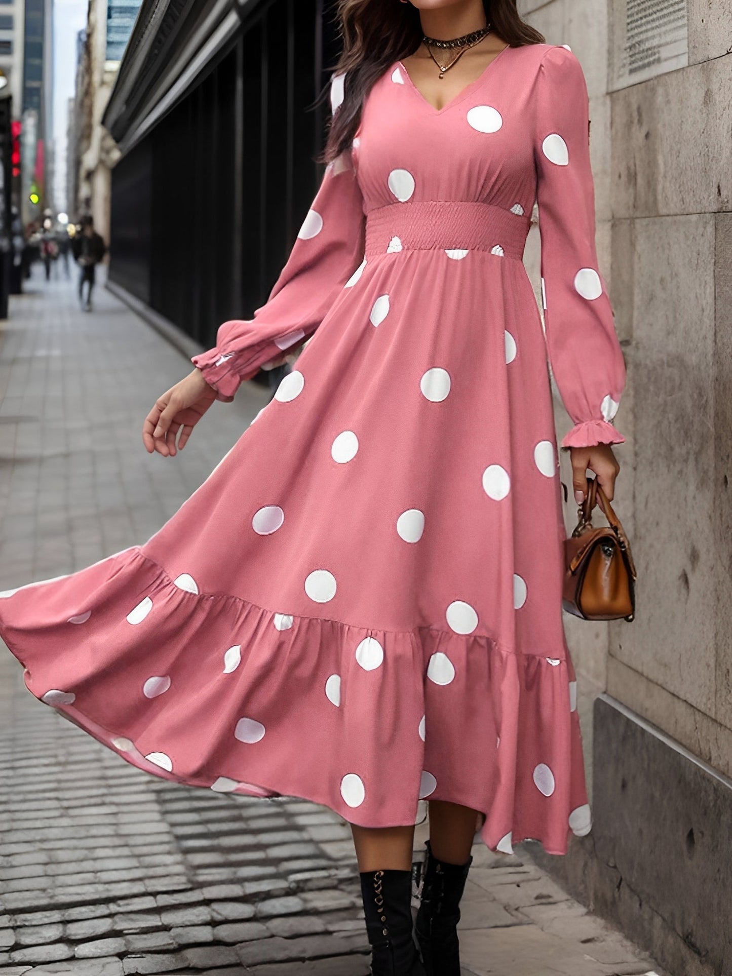 Polka Dots Print V Neck Long Sleeve A-Line Swing Dress