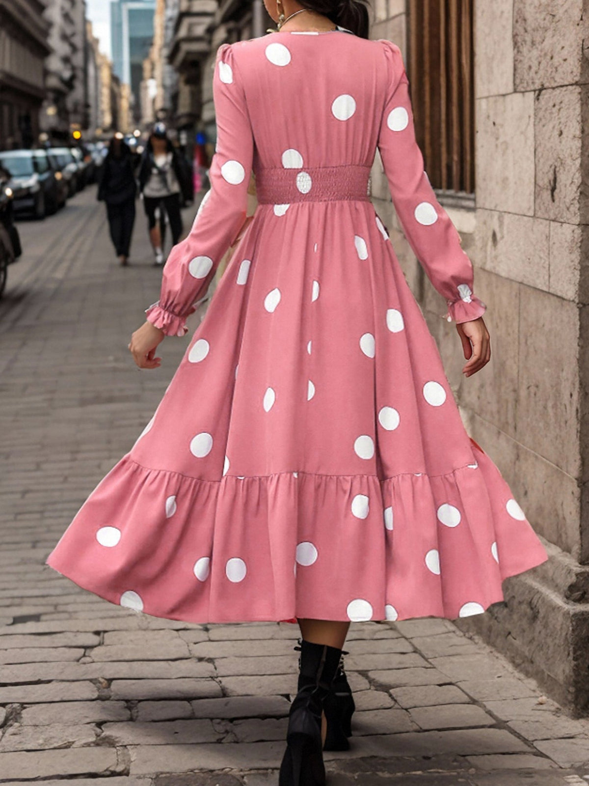 Polka Dots Print V Neck Long Sleeve A-Line Swing Dress