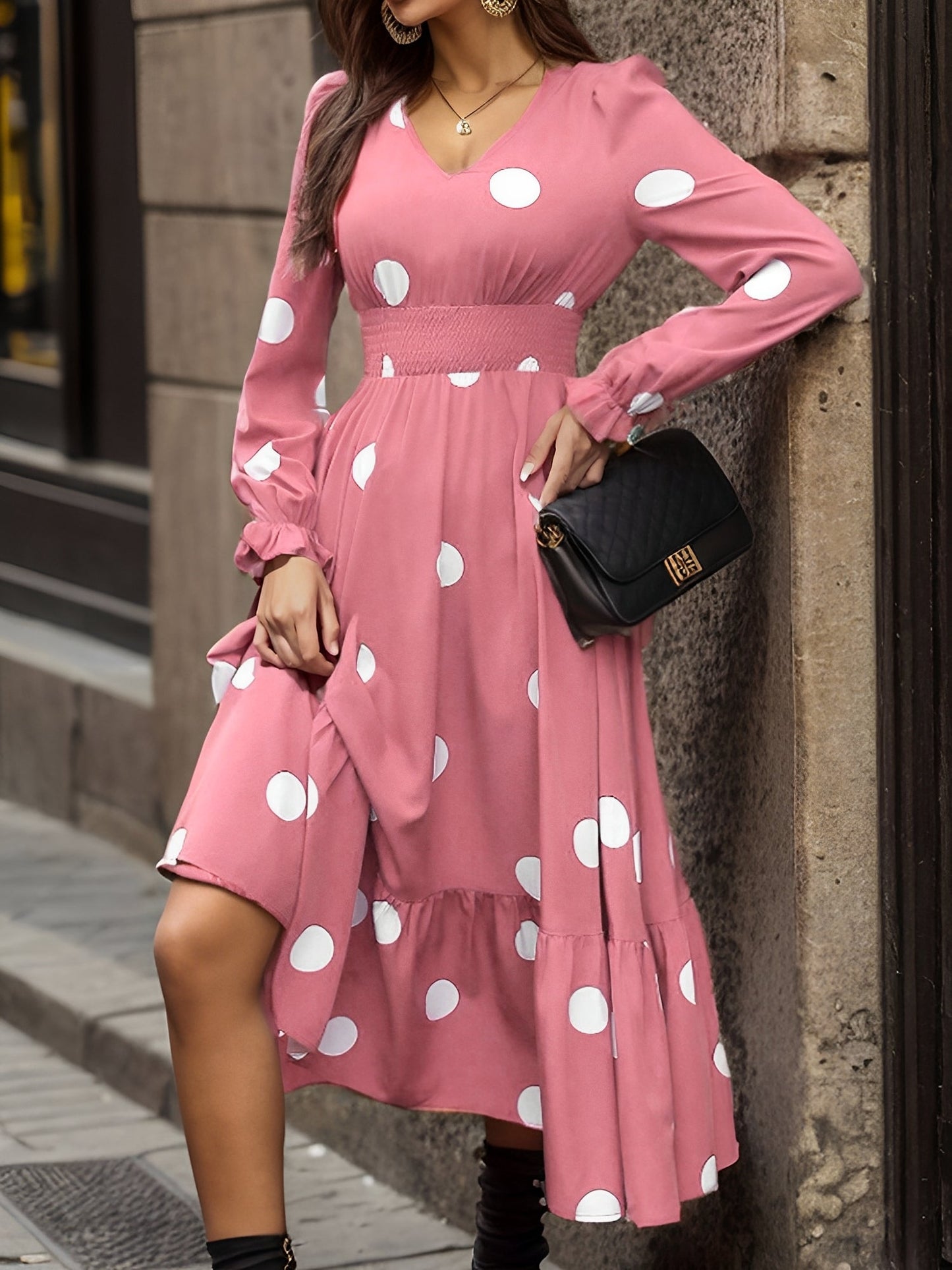 Polka Dots Print V Neck Long Sleeve A-Line Swing Dress