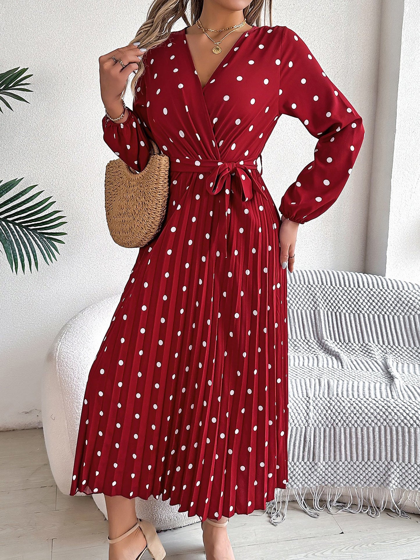 Polka Dot V Neck Pleated Midi A-Line Dress