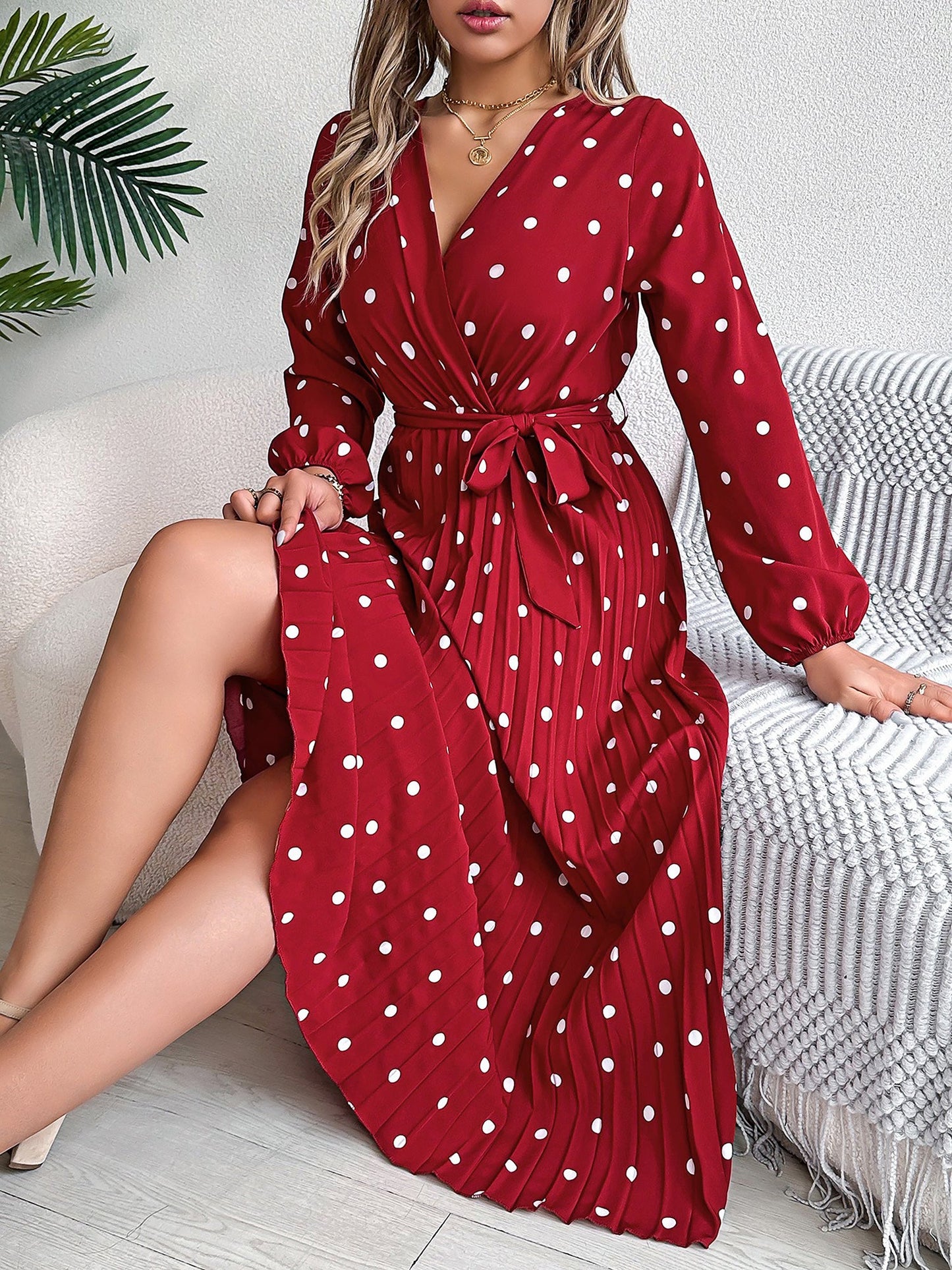 Polka Dot V Neck Pleated Midi A-Line Dress