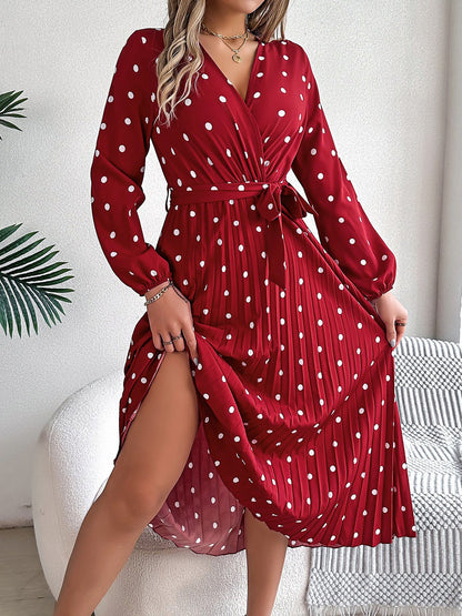 Polka Dot V Neck Pleated Midi A-Line Dress