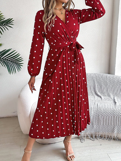 Polka Dot V Neck Pleated Midi A-Line Dress