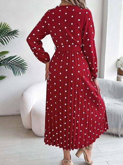 Polka Dot V Neck Pleated Midi A-Line Dress