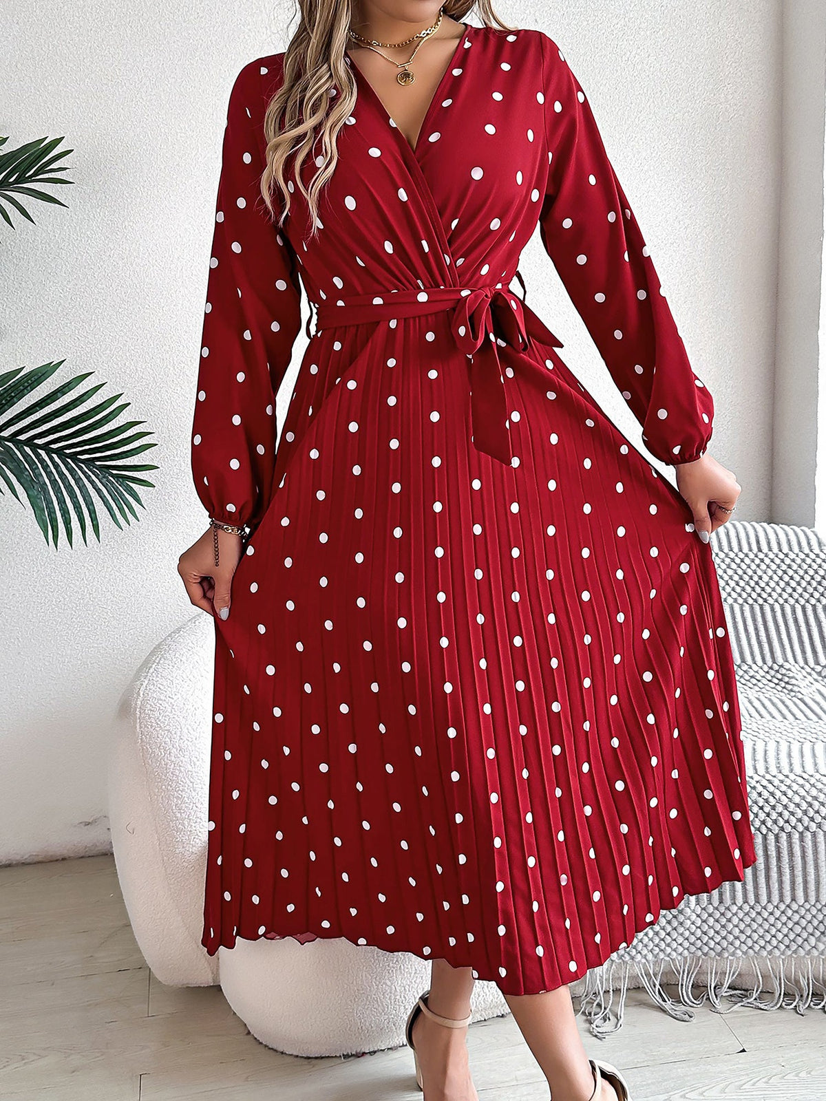 Polka Dot V Neck Pleated Midi A-Line Dress
