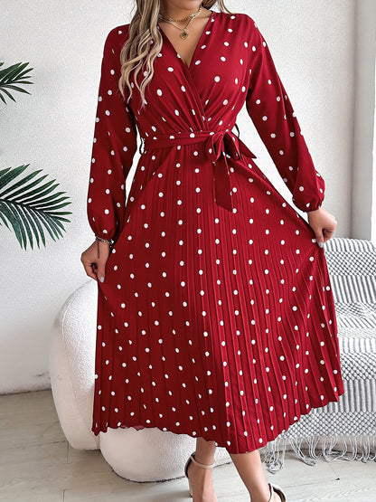 Polka Dot V Neck Pleated Midi A-Line Dress