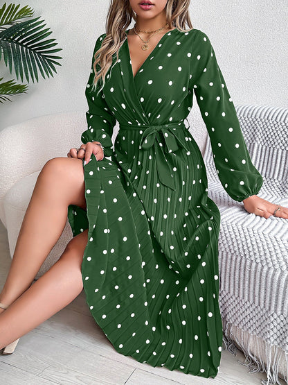 Polka Dot V Neck Pleated Midi A-Line Dress