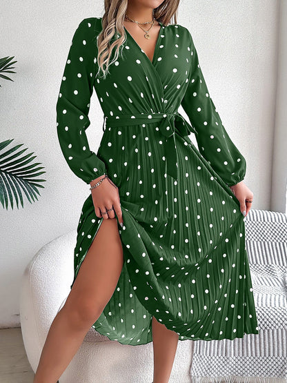 Polka Dot V Neck Pleated Midi A-Line Dress