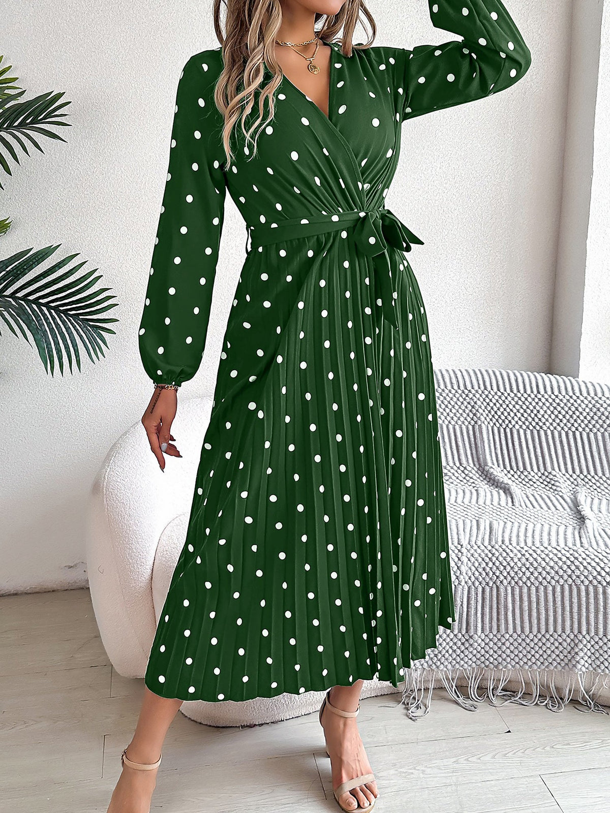 Polka Dot V Neck Pleated Midi A-Line Dress