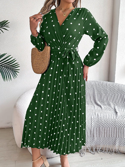 Polka Dot V Neck Pleated Midi A-Line Dress