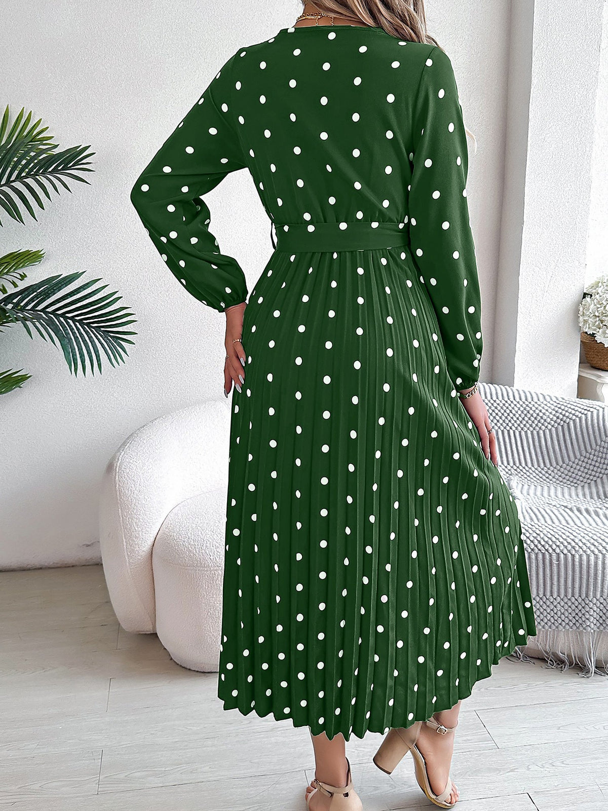 Polka Dot V Neck Pleated Midi A-Line Dress