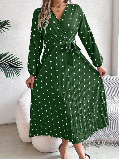 Polka Dot V Neck Pleated Midi A-Line Dress