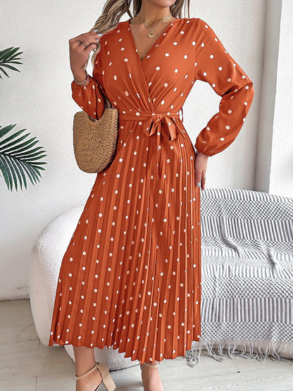 Polka Dot V Neck Pleated Midi A-Line Dress