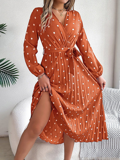 Polka Dot V Neck Pleated Midi A-Line Dress