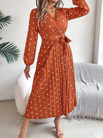 Polka Dot V Neck Pleated Midi A-Line Dress