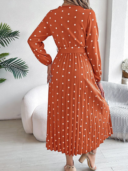 Polka Dot V Neck Pleated Midi A-Line Dress