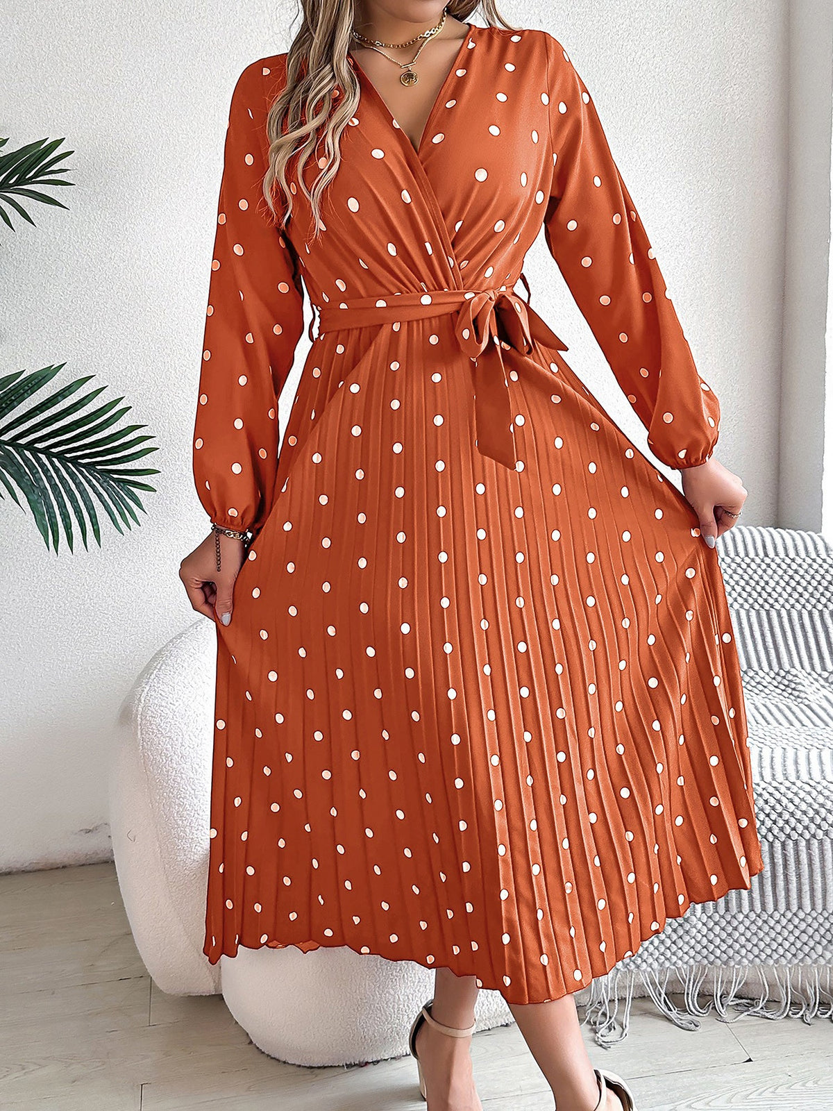 Polka Dot V Neck Pleated Midi A-Line Dress