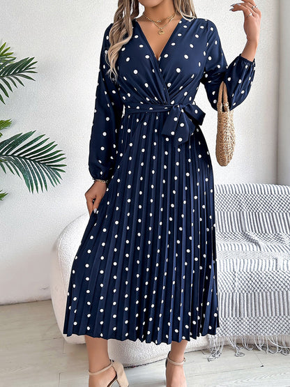 Polka Dot V Neck Pleated Midi A-Line Dress