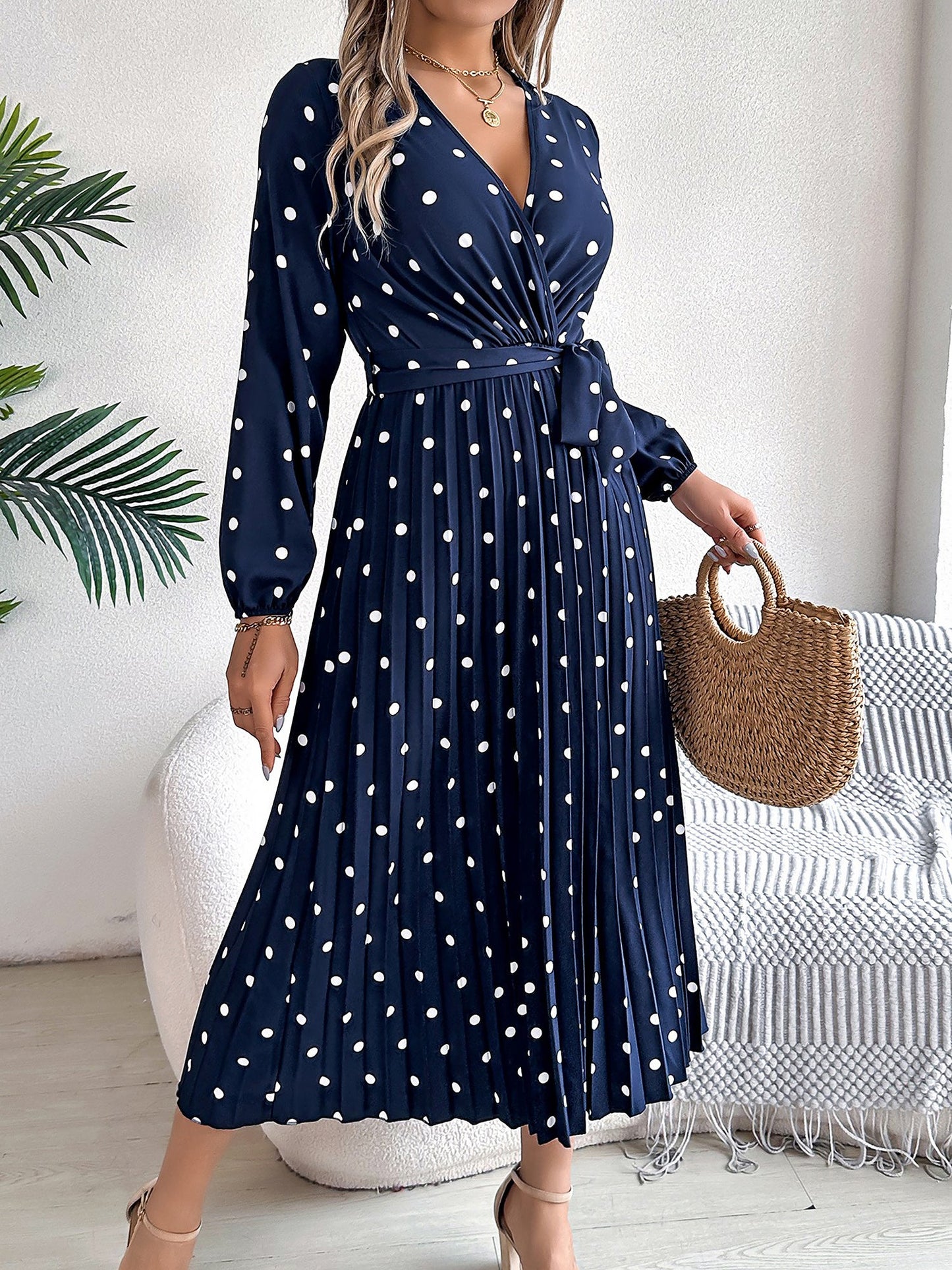 Polka Dot V Neck Pleated Midi A-Line Dress