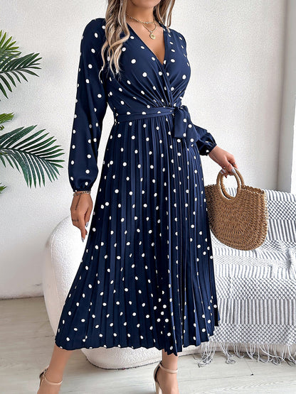 Polka Dot V Neck Pleated Midi A-Line Dress