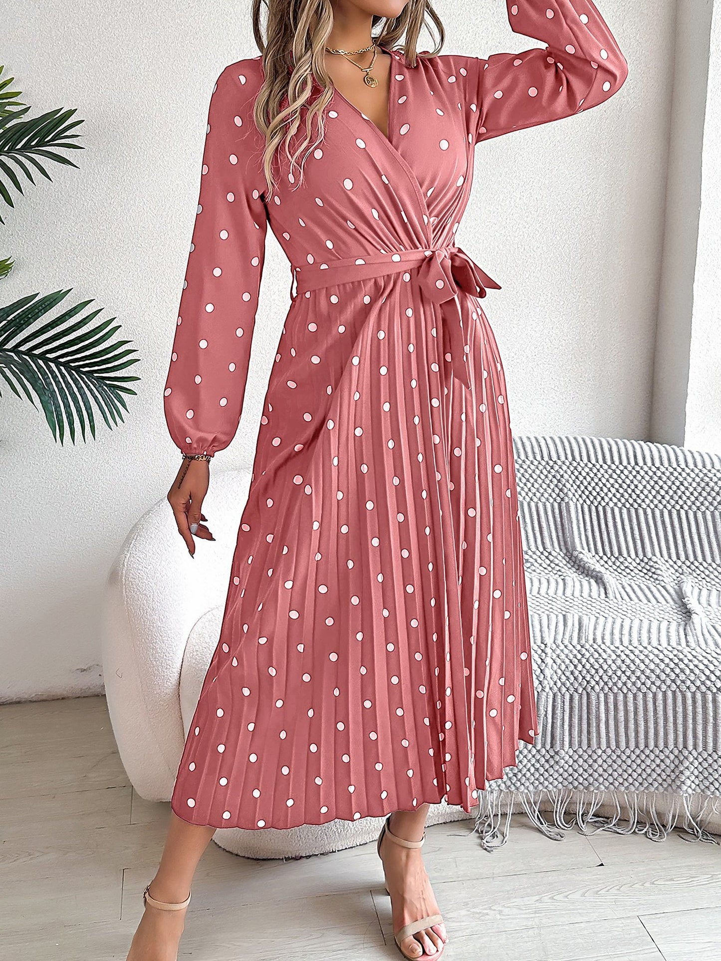 Polka Dot V Neck Pleated Midi A-Line Dress