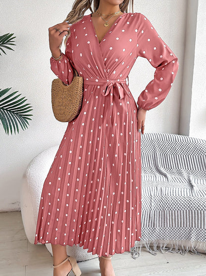 Polka Dot V Neck Pleated Midi A-Line Dress