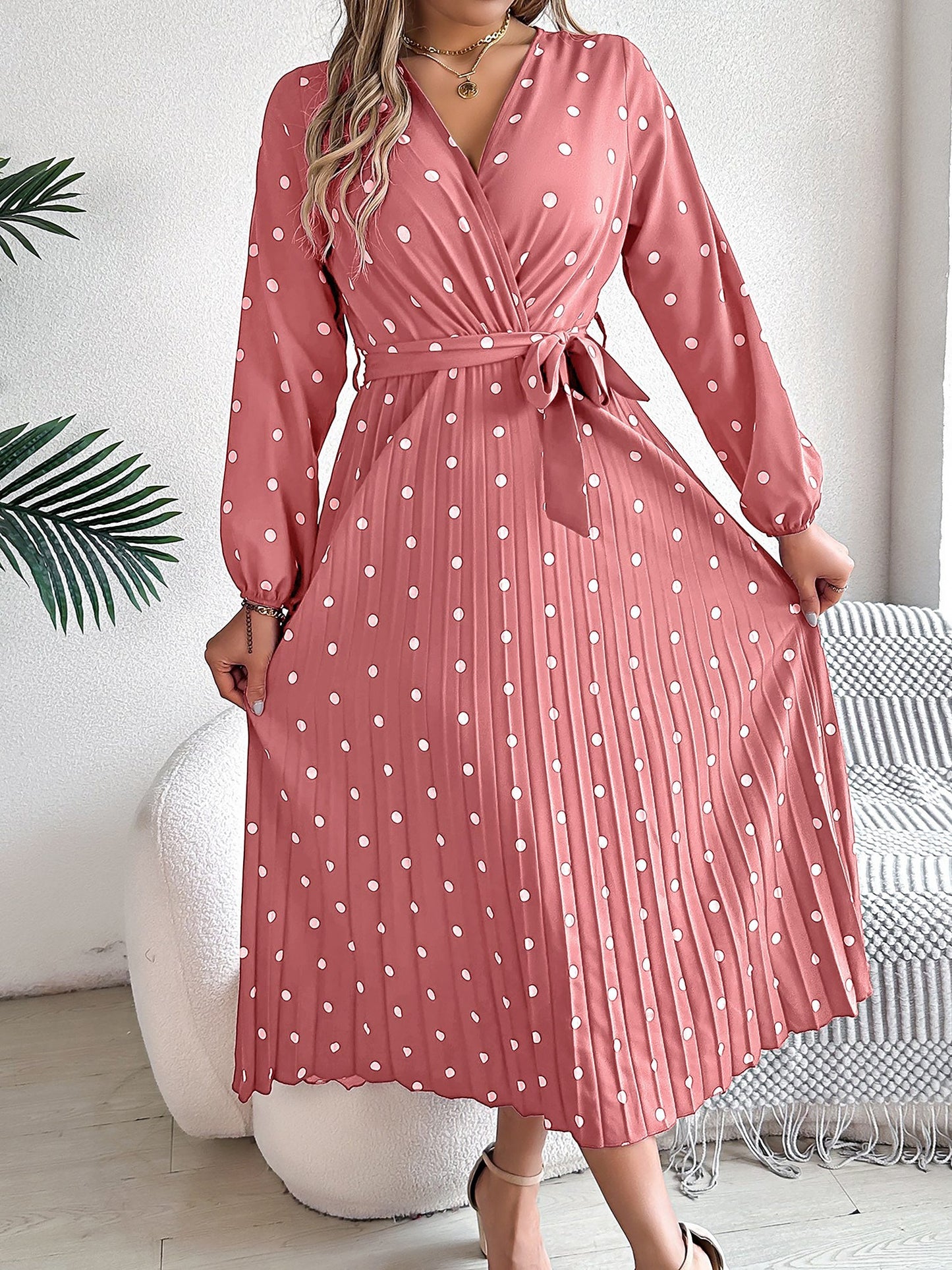 Polka Dot V Neck Pleated Midi A-Line Dress