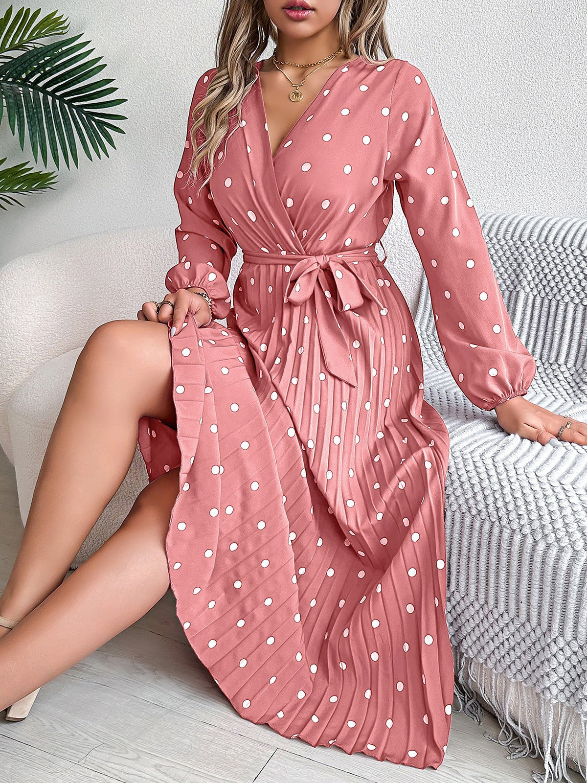 Polka Dot V Neck Pleated Midi A-Line Dress