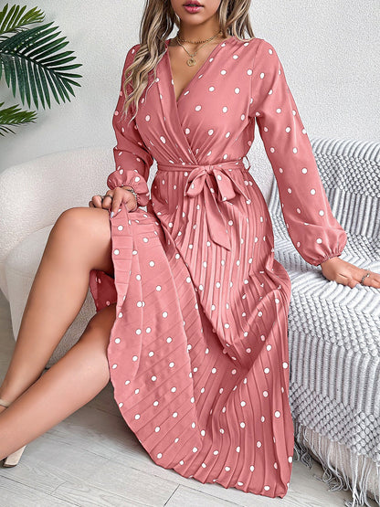 Polka Dot V Neck Pleated Midi A-Line Dress