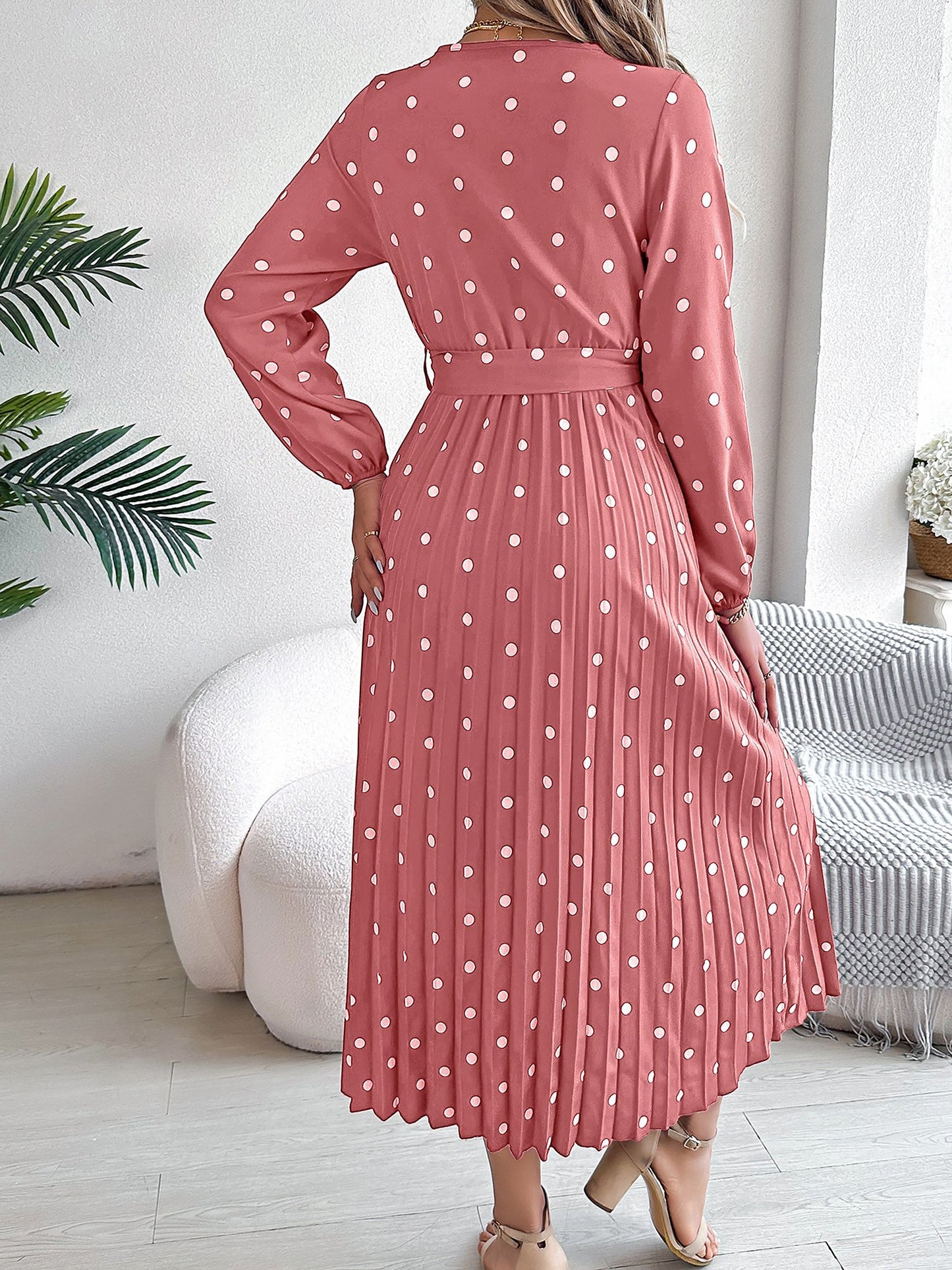 Polka Dot V Neck Pleated Midi A-Line Dress