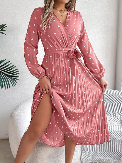 Polka Dot V Neck Pleated Midi A-Line Dress
